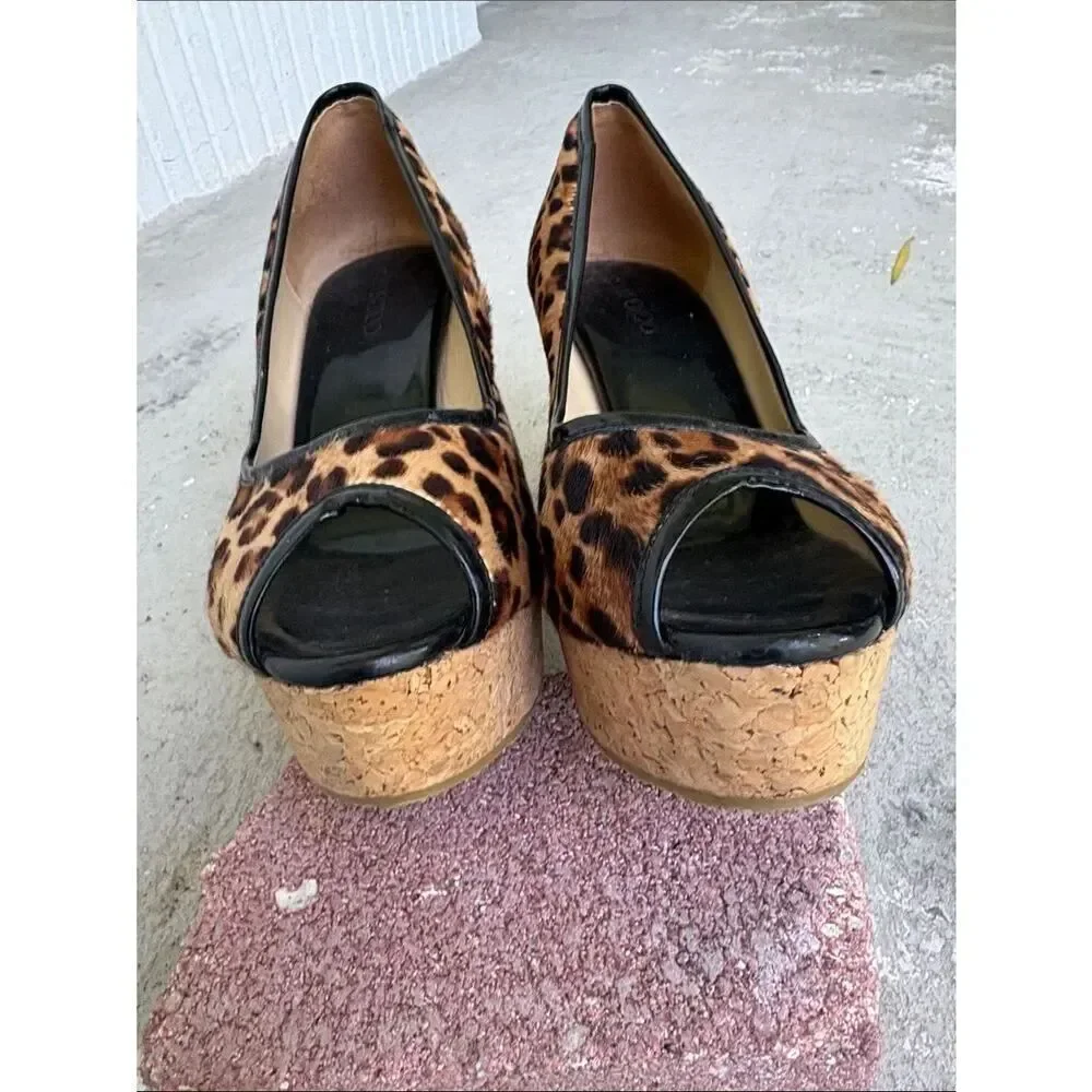Jimmy Choo pony hair leopard print peep toe platforms